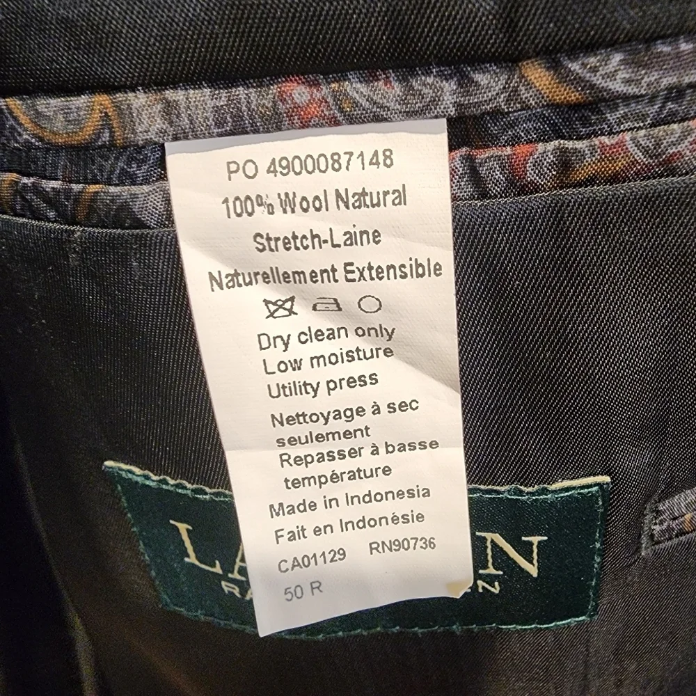 LAUREN Ralph Lauren Men's Classic Black Blazer 100% Wool Natural 50R